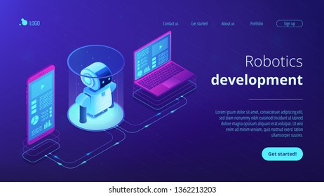 Sistema robótico moderno conectado con teléfono móvil y laptop. Robótica controlada WiFi, desarrollo robótico, concepto de programación robótica. plantilla de página web de aterrizaje de aplicación de sitio web Isometric 3D
