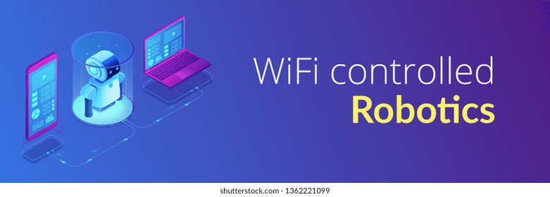 Modern robotics system connected with mobile phone and laptop. WiFi controlled robotics, robotics development, robotic programming concept. Isometric 3D banner header template copy space.