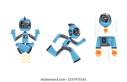Modern robots in action set. Artificial intelligence, scientific innovation technologies cartoon vector illustration