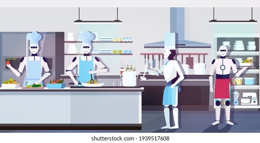 modern robots chefs cooking dishes robotic cooks preparing food artificial intelligence technology culinary concept modern kitchen interior horizontal full length