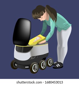 Modern robots delivery methods.Girl gets out pizza of the robot self drive fast delivery goods in city. Technological shipment innovation concept. Modern vector illustration. Isolated