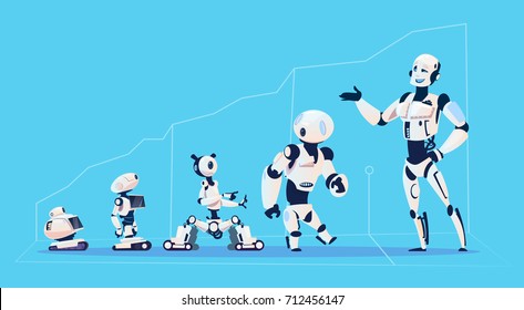 Modern Robots Group, Futuristic Artificial Intelligence Mechanism Technology Flat Vector Illustration