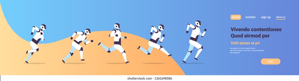 modern robots group running artificial intelligence technology competition concept flat horizontal copy space