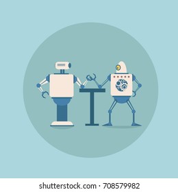 Modern Robots Playing Arm Wrestling Concept Futuristic Artificial Intelligence Mechanism Technology Flat Vector Illustration