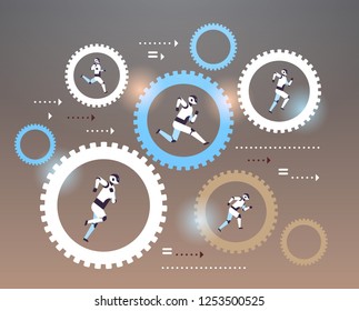 modern robots running in cog wheel process artificial intelligence technology concept robotic mechanism flat horizontal