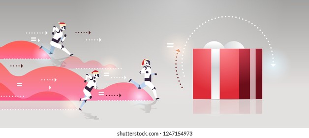 modern robots running gift box present new year merry christmas holiday artificial intelligence technology competition concept flat horizontal