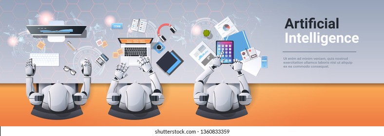 modern robots sitting at workplace humanoids team working with digital devices artificial intelligence concept top angle desktop view horizontal copy space