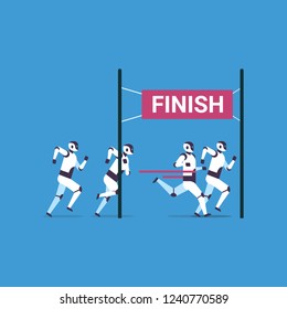 modern robots team competing run to finish line artificial intelligence technology win concept flat
