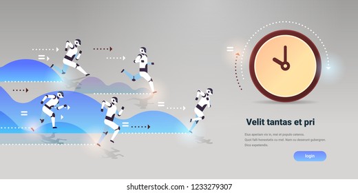 modern robots team run to clock time management deadline competition artificial intelligence technology concept flat horizontal copy space vector illustration