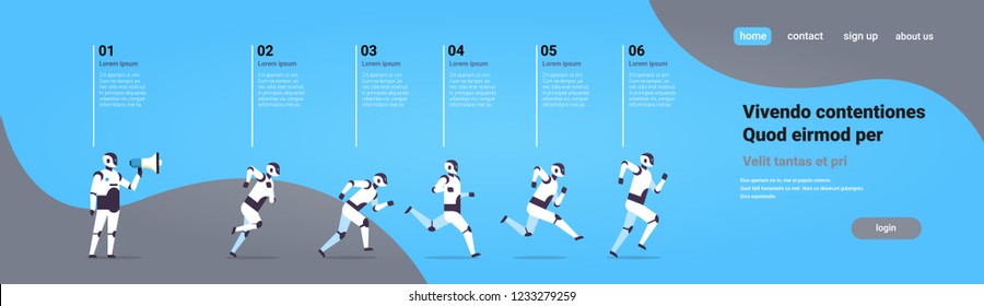 modern robots team running boss hold megaphone artificial intelligence technology concept infographic template flat horizontal banner copy space vector illustration