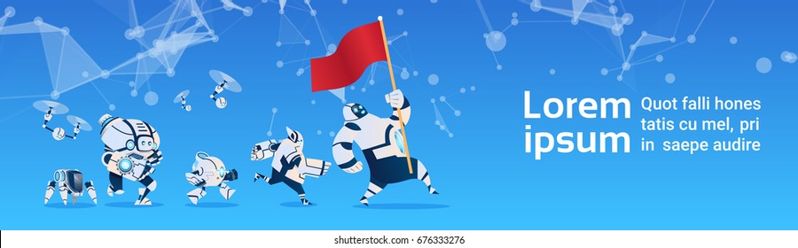 Modern Robots Team Running Hold Flag Artificial Intelligence Technology Flat Vector Illustration
