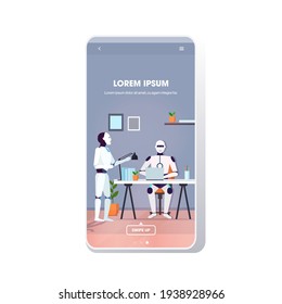 modern robots team using laptop robotic coworkers brainstorming at workplace artificial intelligence technology concept modern office interior smartphone screen mobile app full length copy space