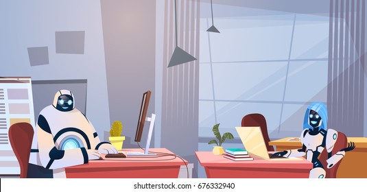 Modern Robots Working In Office Sitting At Desk Artificial Intelligence Technology Concept Flat Vector Illustration