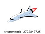 Modern rocket flies in cosmos. Spacecraft, spaceship is flying in universe. Shuttle is in interstellar travel. Galaxy flight of space ship. Flat isolated vector illustration on white background