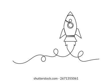 Modern rocket icon continuous single line drawing artwork in minimalist isolated outline illustration