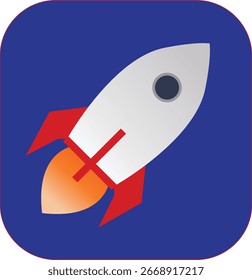 Ilustración vectorial de icono de cohete moderno. Transbordador espacial futurista con llama de fuego, concepto de lanzamiento de inicio, tecnología, innovación, exploración, logotipo App, crecimiento empresarial, aislado sobre fondo azul.