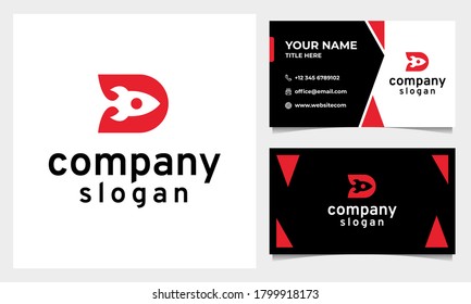 Logotipo de cohete moderno con estilo de diseño plano y letra D Inicial, plantilla de tarjeta de visita