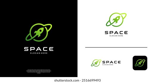 Modernes Raketen-Logo, Linie Art. Space-Logo mit Planeten-Symbol-Logo-Design.