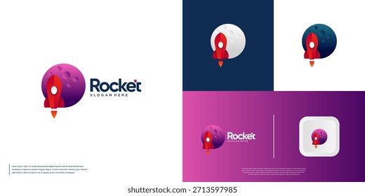 Modern rocket logo with moon background, modern abstract style, vector graphic template.