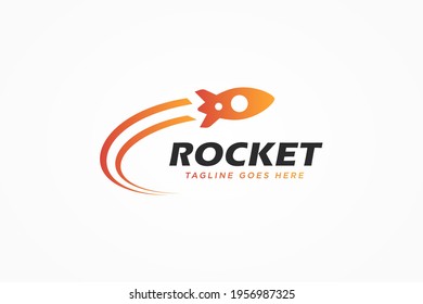 Modern Rocket Logo. Simple Flying Rocket with Speed Comet Waves isolated on White Background. Usable for Business and Technology Logos. Flat Vector Logo Design Template Element.