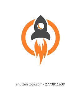 Modern Rocket Logo. Simple Flying Rocket with Speed Comet Waves isolated on White Background. Usable for Business and Technology Logos, Black and orange rocket ship icon