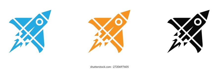 Logos modernos de cohetes en azul, naranja y negro. Lanzamiento de cohete aislado sobre el fondo blanco.
