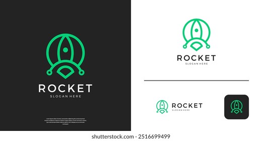 Modern rocket tech logo with line circuit design vector template.