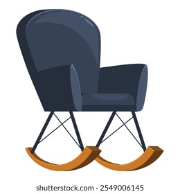 Modern rocking chair with soft dark blue upholstery and wooden base provides comfort and relaxation