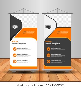 Modern Roll Up Banner. Advertising vector template design. White and black background