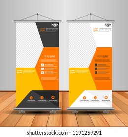 Modern Roll Up Banner. Advertising vector template design. White and black background