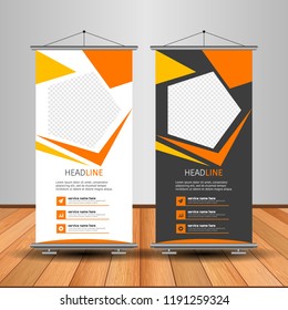 Modern Roll Up Banner. Advertising vector template design. White and black background