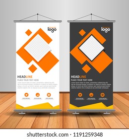 Modern Roll Up Banner. Advertising vector template design. White and black background