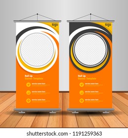 Modern Roll Up Banner. Advertising vector template design. White and black background