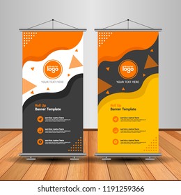 Modern Roll Up Banner. Advertising vector template design. White and black background