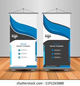 Modern Roll Up Banner. Advertising vector template design. White and black background