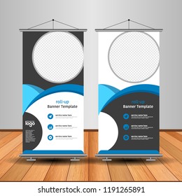 Modern Roll Up Banner. Advertising vector template design. White and black background