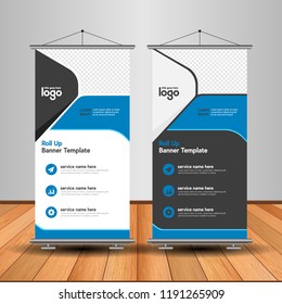 Modern Roll Up Banner. Advertising vector template design. White and black background