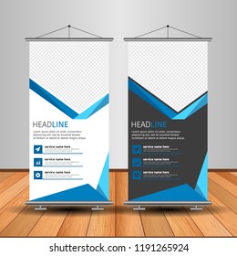 Modern Roll Up Banner. Advertising vector template design. White and black background