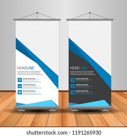 Modern Roll Up Banner. Advertising vector template design. White and black background