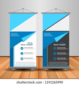 Modern Roll Up Banner. Advertising vector template design. White and black background