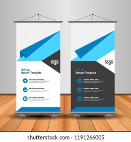 Modern Roll Up Banner. Advertising vector template design. White and black background