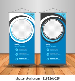 Modern Roll Up Banner. Advertising vector template design. White and black background