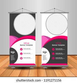 Modern Roll Up Banner. Advertising vector template design. White and black background