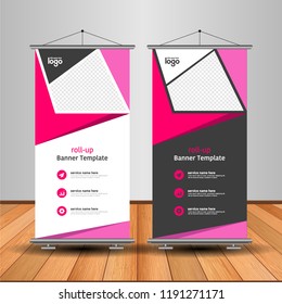 Modern Roll Up Banner. Advertising vector template design. White and black background