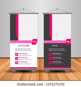 Modern Roll Up Banner. Advertising vector template design. White and black background