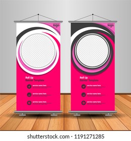 Modern Roll Up Banner. Advertising vector template design. White and black background