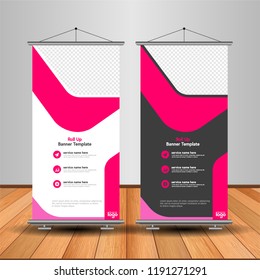 Modern Roll Up Banner. Advertising vector template design. White and black background