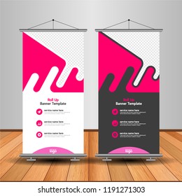 Modern Roll Up Banner. Advertising vector template design. White and black background