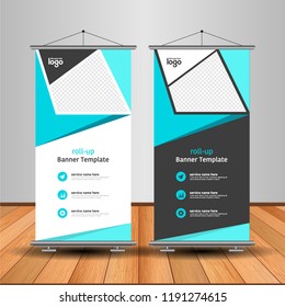 Modern Roll Up Banner. Advertising vector template design. White and black background