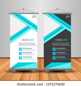 Modern Roll Up Banner. Advertising vector template design. White and black background